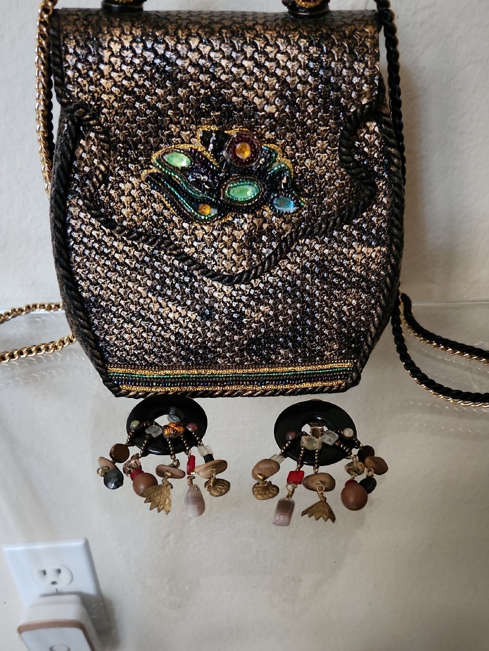 Embellished Metallic Brown Crossbody Bag with Beaded Accent